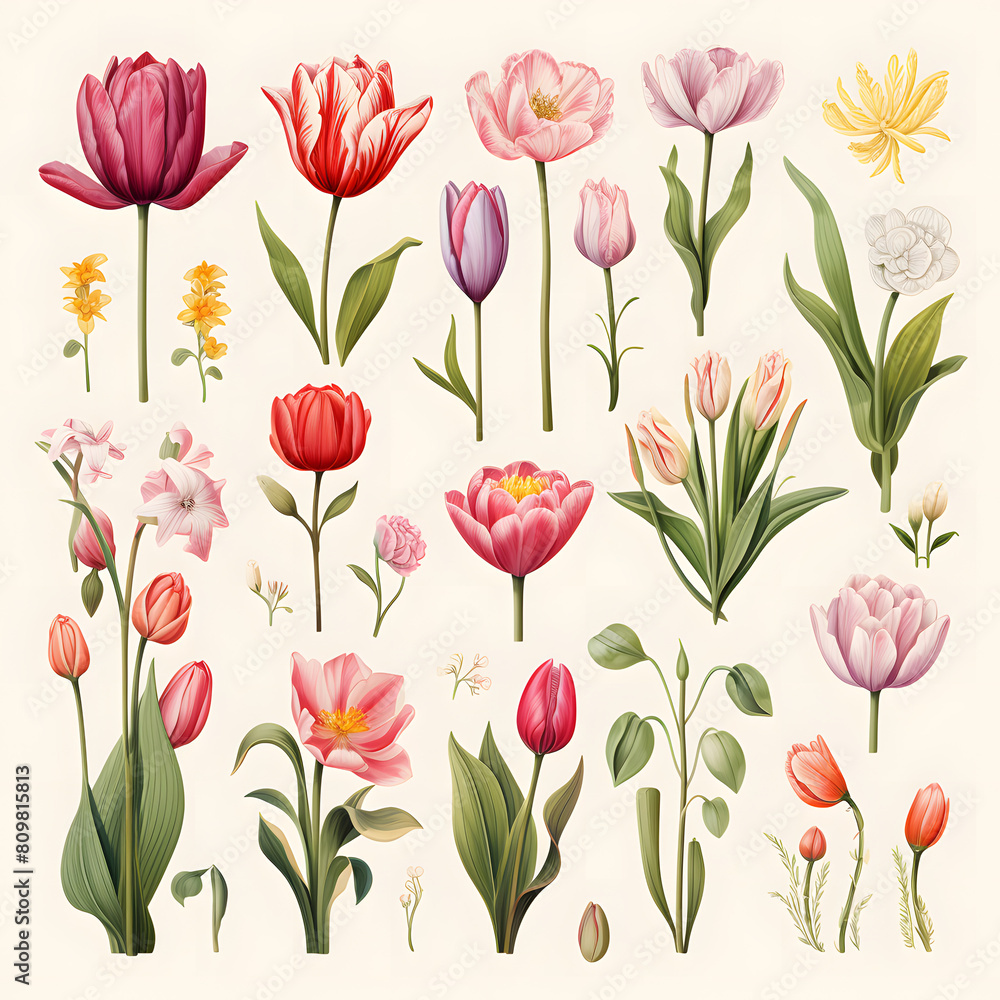 Set of Tulip, flower, leaf and plant, watercolor illustration