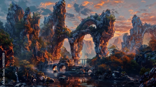 a digital painting of an impressive rock garden at dusk, where the last rays of the setting sun cast a fiery glow on the artistic rock formations. photo
