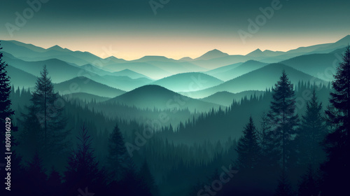 bluish-green mountains with dark green pine trees  © Talha