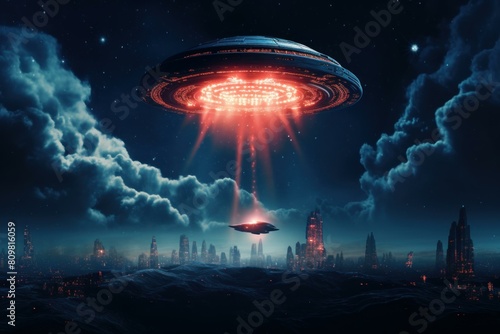 A cinematic scene of ufos descending on a neon-lit advanced city under a starry sky