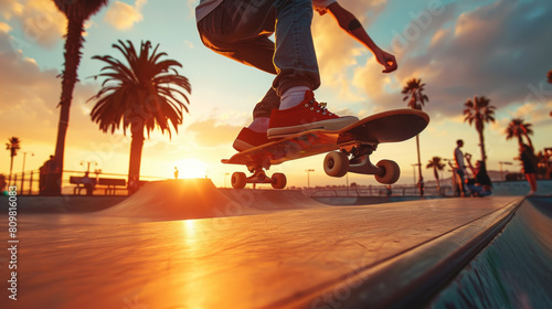 Skateboarder performing kickflip in urban skate park at dusk photo