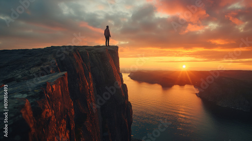 A person is standing on a cliff overlooking a sun the sky is orange and the sun is setting.