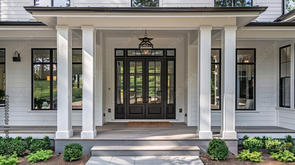 Luxury house exterior, entrance porch with patio area. Northwest, USA Luxury house exterior, entrance porch with patio area. Northwest, USA