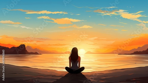 The photo shows a woman sitting on a beach  watching the sunset. The sky is orange and the water is calm. The woman is at peace. She is wearing a white dress.