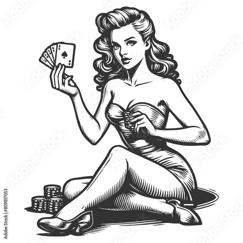 pin-up girl seated, holding a hand of playing cards, surrounded by poker chips sketch engraving generative ai fictional character vector illustration. Scratch board imitation. Black and white image.