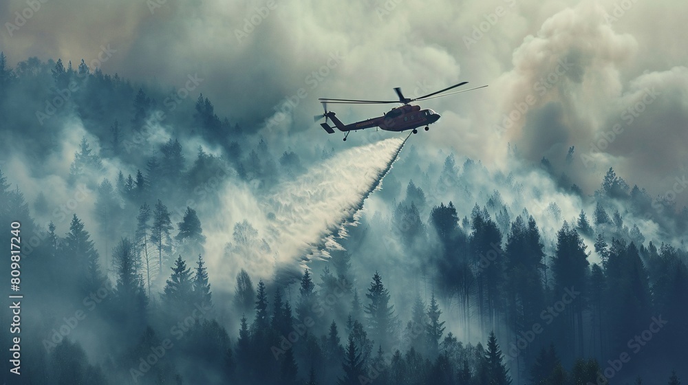 Helicopter extinguishing a forest fire in the mountains, Global warming concept. Helicopter extinguishing a forest fire in the mountains, Global warming concept.