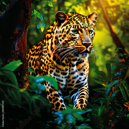 A large leopard is running in the forest  in the style of photo-realistic