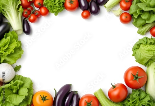 Fresh vegetables including tomatoes  lettuce  and eggplant arranged in a frame on a white background