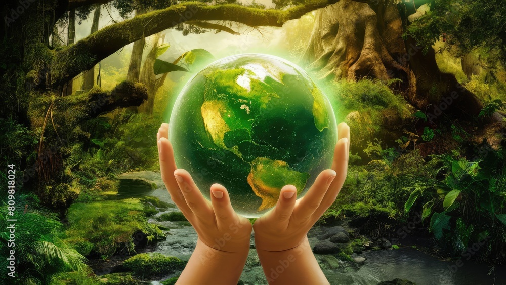 Environment. Green earth ball in hand in green forest background. Ecosystem. Earth Day. Forest Environment. Green earth ball in hand in green forest background. Ecosystem. Earth Day. Forest