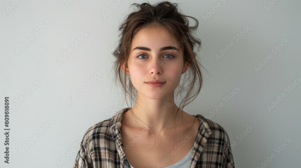 Portrait of a female in random casual dress on a soft pastel color backdrop background. Portrait of a female in random casual dress on a soft pastel color backdrop background.