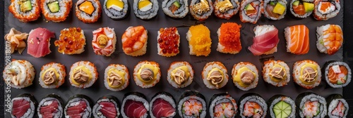 Sushi Big Set, Various Maki Sushi, Baked Norimaki, Kappamaki Rolles Collection with Salmon