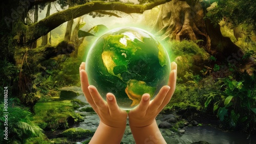 Environment. Green earth ball in hand in green forest background. Ecosystem. Earth Day. Forest