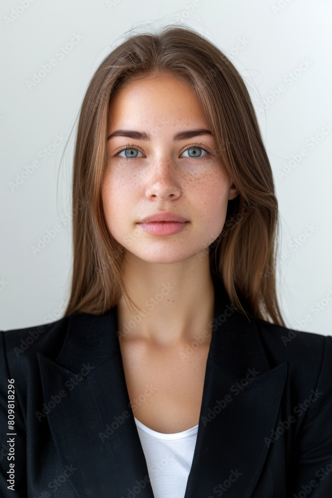 Straight-haired female businesswoman in a city Straight-haired female businesswoman in a city