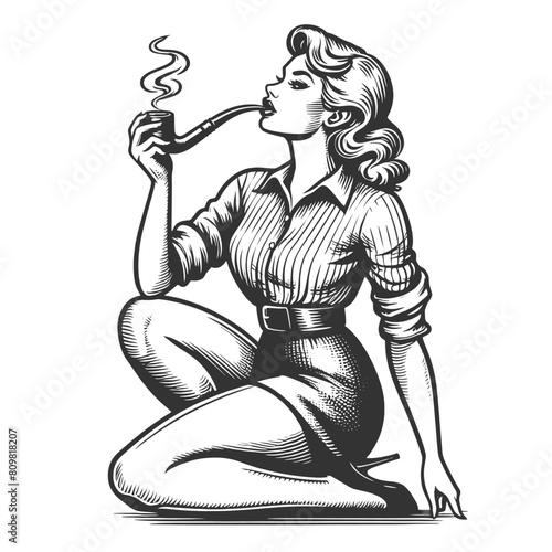 woman sitting and smoking a pipe sketch engraving generative ai fictional character vector illustration. Scratch board imitation. Black and white image.