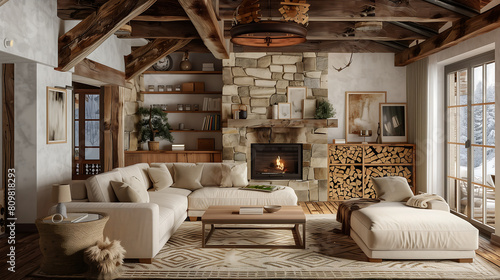 cozy living room interior stone fireplace, wooden ceiling beams, white sofa, chaise lounge, coffee table, patterned rug, wall shelves with decor, snowy outdoor view photo