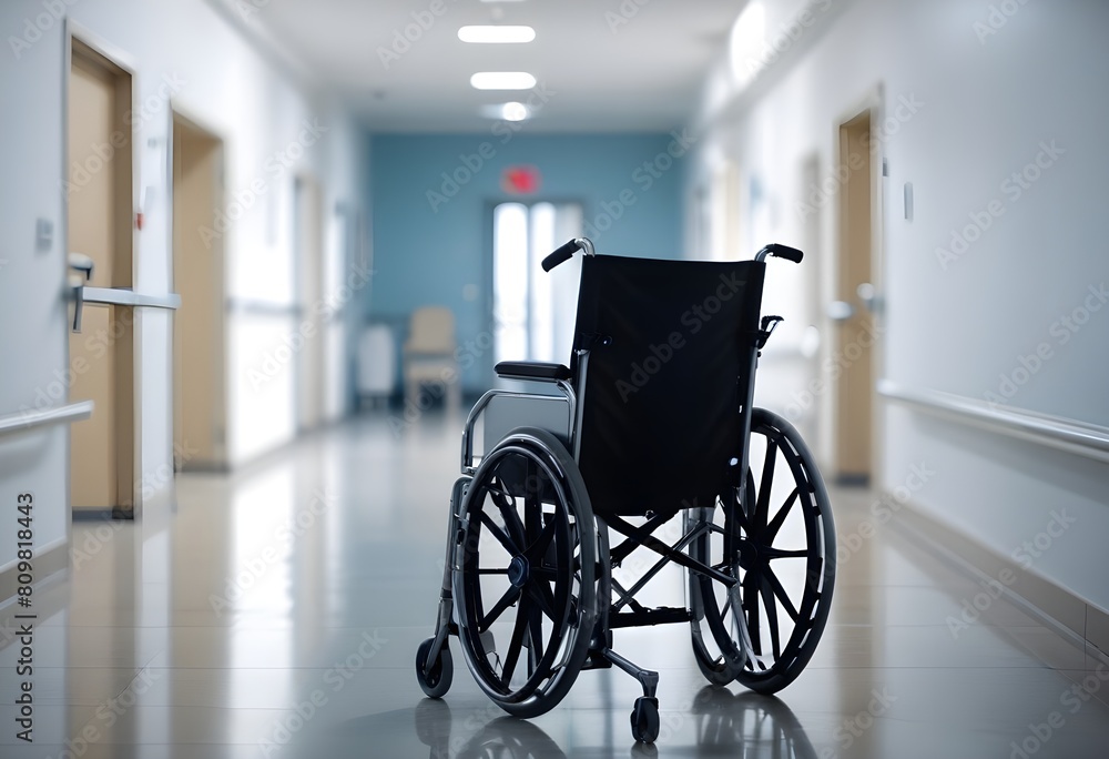 An empty wheelchair in a hospital corridor, with a blurred background of the hallway