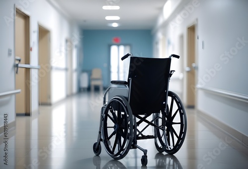 An empty wheelchair in a hospital corridor, with a blurred background of the hallway