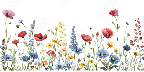 A vast meadow bursts with colorful wildflowers in bloom under a bright blue sky