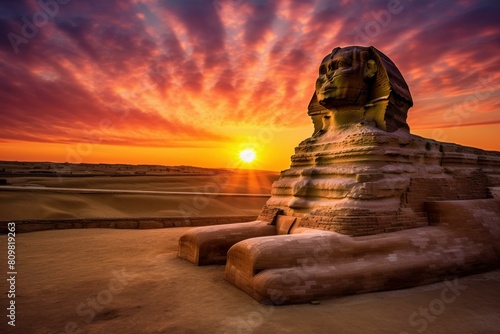 Majestic Sphinx egypt sunset. World old cairo. Generate Ai