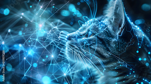 Cat's head with intricate neural connections and circuitry, symbolizing the integration of big data and artificial intelligence.digital brain manifested in the form of a blue feline with a transparent photo