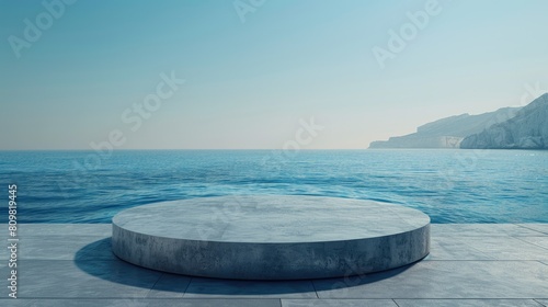 grey stone podium with emty space for product display featuring open sea background