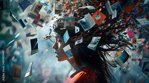 powerful visual metaphor of social media addiction, with a young woman's head bursting open from the pressure of excessive information.information illustrated by a young woman's brain exploding . photo