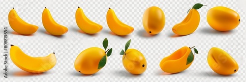 Mango Mangoes fruit, many angles and view side top front sliced halved group cut isolated on transparent background cutout, PNG file. Mockup template for artwork graphic design 