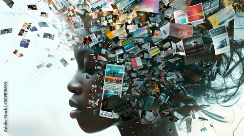 African woman's head bursting with information data, symbolizing the overwhelming effects of media and social media addiction.powerful visual metaphor of social media addiction.
