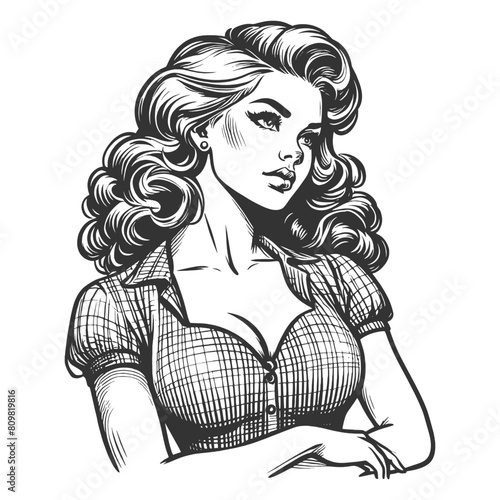Sad and serious pin-up girl, tightly fitted checkered shirt and voluminous hair sketch engraving generative ai fictional character vector illustration. Scratch board imitation. Black and white image.