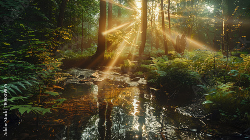 A serene forest scene with sunlight filtering through the trees  creating gentle rays of light on a small stream flowing past moss-covered rocks and lush greenery.