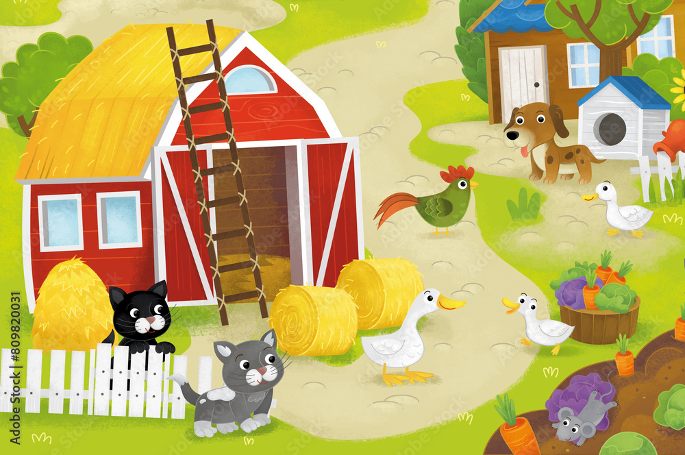 Naklejka premium cartoon summer scene with farm ranch enclosure backyard garden and happy animals barn chicken coop or pigsty illustration for children