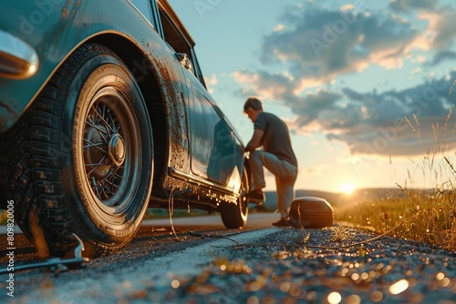 A frustrated driver examines a flat tire on the roadside, expressing frustration and inconvenience. Concept of car trouble and unexpected setbacks photo