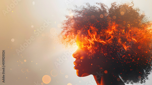 African woman's head bursting with information data, symbolizing the overwhelming effects of media and social media addiction.powerful visual metaphor of social media addiction.