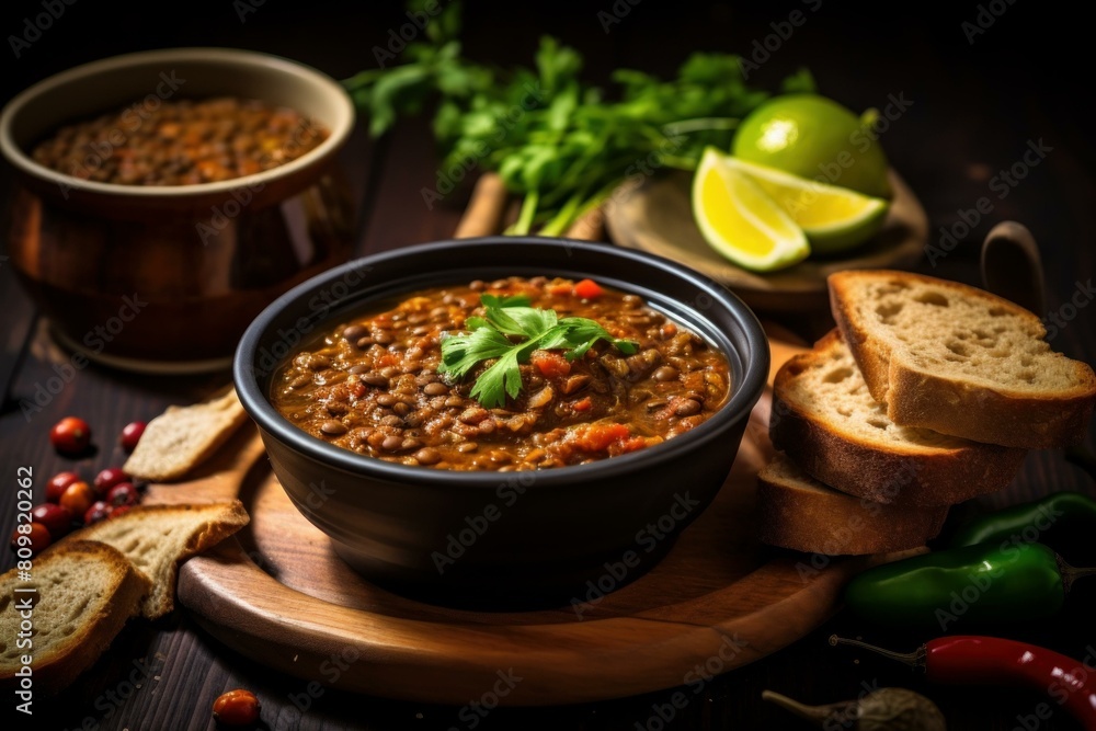 Warming Chili lentil soup. Spicy top cuisine. Generate Ai Warming Chili lentil soup. Spicy top cuisine. Generate Ai