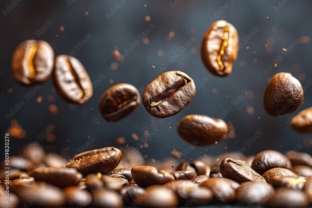 Advertising shot of falling coffee beans on a dark background. Advertising shot of falling coffee beans on a dark background.