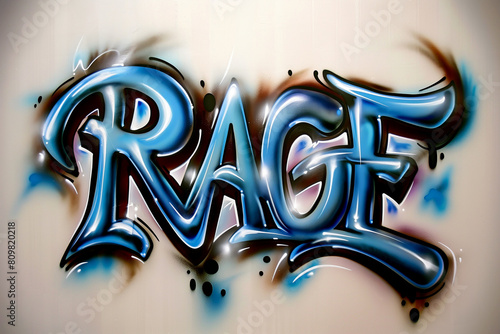 Rage word graffiti style letters with chrome effect. Spray painted tag, street art design. Wallpaper and background resource.