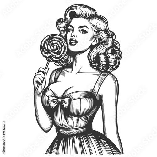 Pin-up girl woman eats swirl lollipop, evoking a sweet nostalgia sketch engraving generative ai fictional character vector illustration. Scratch board imitation. Black and white image.