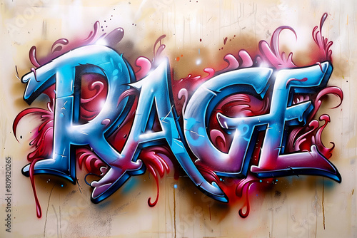 Rage word graffiti style letters with chrome effect. Spray painted tag, street art design. Wallpaper and background resource.