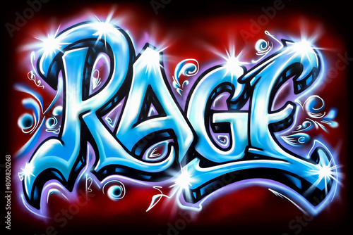 Rage word graffiti style letters with chrome effect. Spray painted tag, street art design. Wallpaper and background resource.