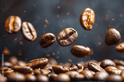 Advertising shot of falling coffee beans on a dark background.