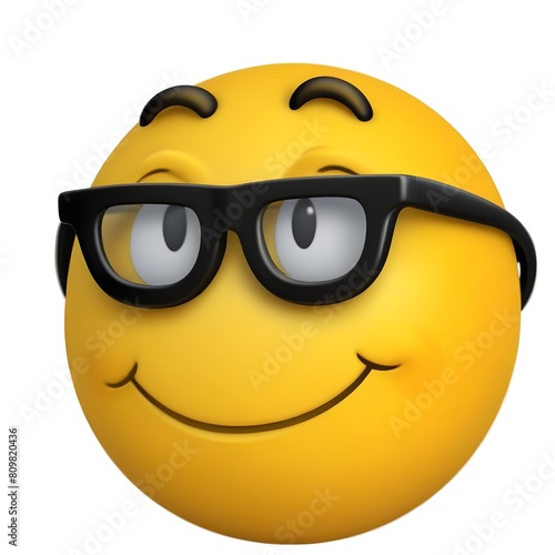A yellow smiley face emoji wearing black-rimmed glasses
