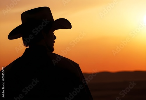 A silhouette of a man wearing a cowboy hat against a vibrant sunset sky © Studio One