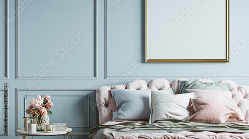 A luxurious bedroom with a designer bed and a blank frame mockup on a light blue wall.