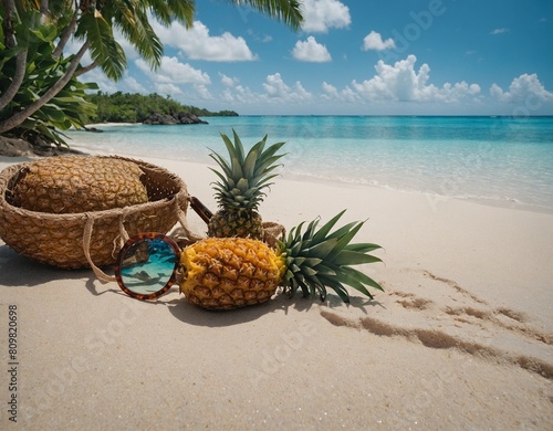 A tropical island getaway with palm-fringed beaches and crystal-clear waters, featuring pineapple-themed beach accessories. 