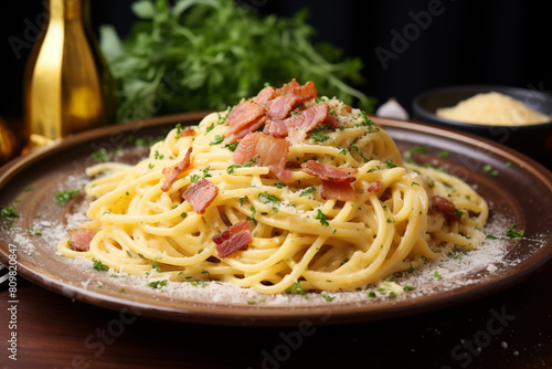 Carbonara pasta  spaghetti with pancetta  egg  hard parmesan cheese and cream sauce. Traditional italian food