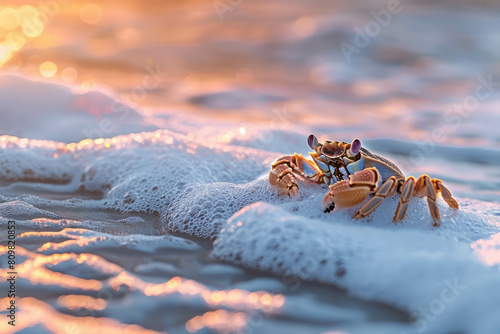 Close-up shot of an air crab enjoying the beach, swimming and frolicking in the sand. AI generative. photo
