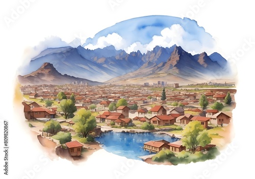Lesotho Country Landscape Watercolor Illustration Art photo