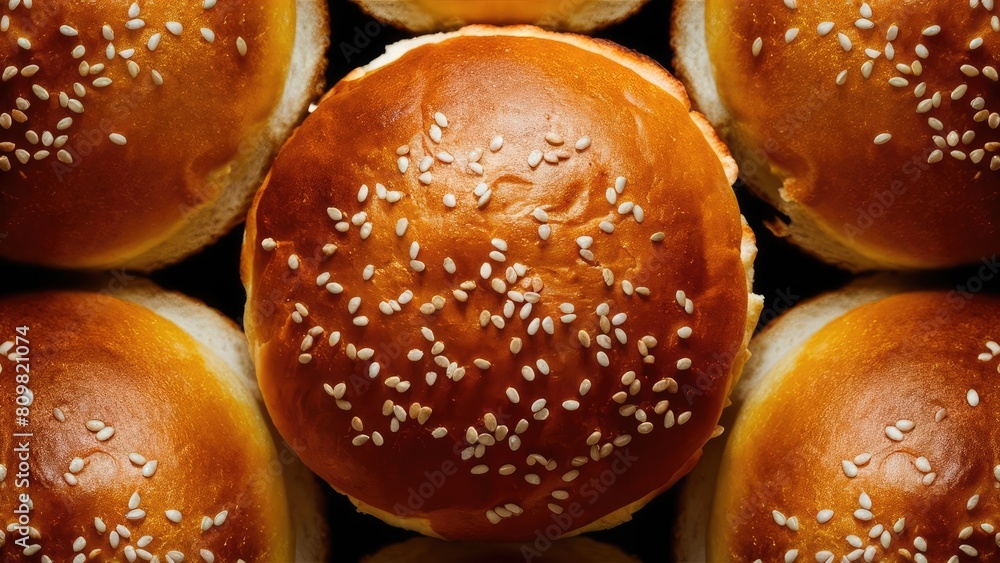 Top view shot of a hamburger bread bun. The freshly baked, golden brown color and a sprinkling of sesame seeds on top