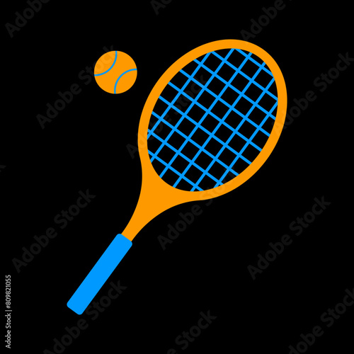 
Illustration depicting an orange-blue racket and a tennis ball on a black background