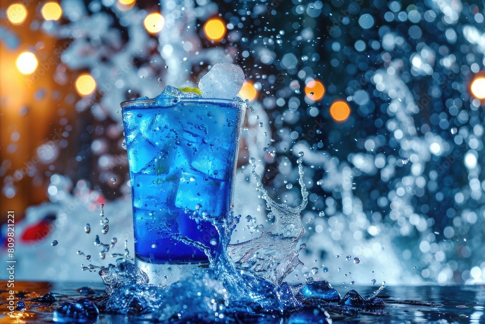 Vibrant Blue Cocktail Splash with Citrus Garnish in Bar Setting Vibrant Blue Cocktail Splash with Citrus Garnish in Bar Setting